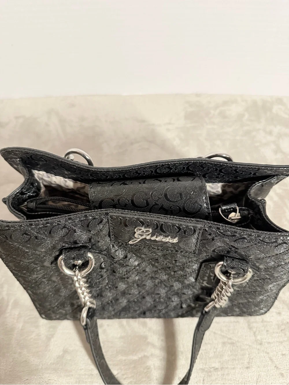 GUESS Black Signature Tote Bag with Chain Handles